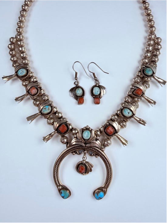 Unbranded Jewelry - Old Pawn Navajo Squash Blossom Turquoise Coral Sterling VTG Necklace, Earrings